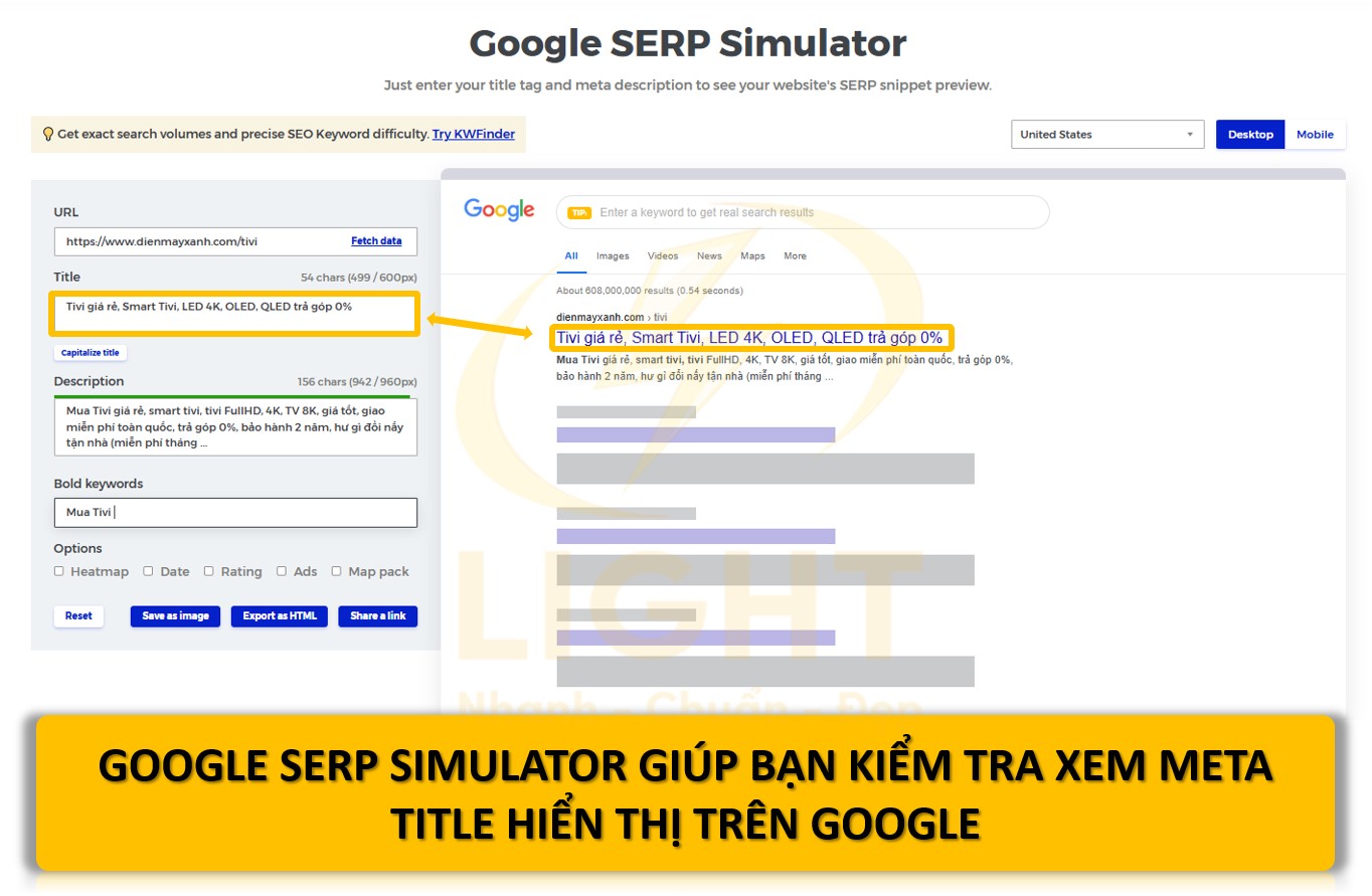 Google SERP Simulator giúp bạn kiểm tra xem meta title hiển thị như thế nào trên kết quả tìm kiếm