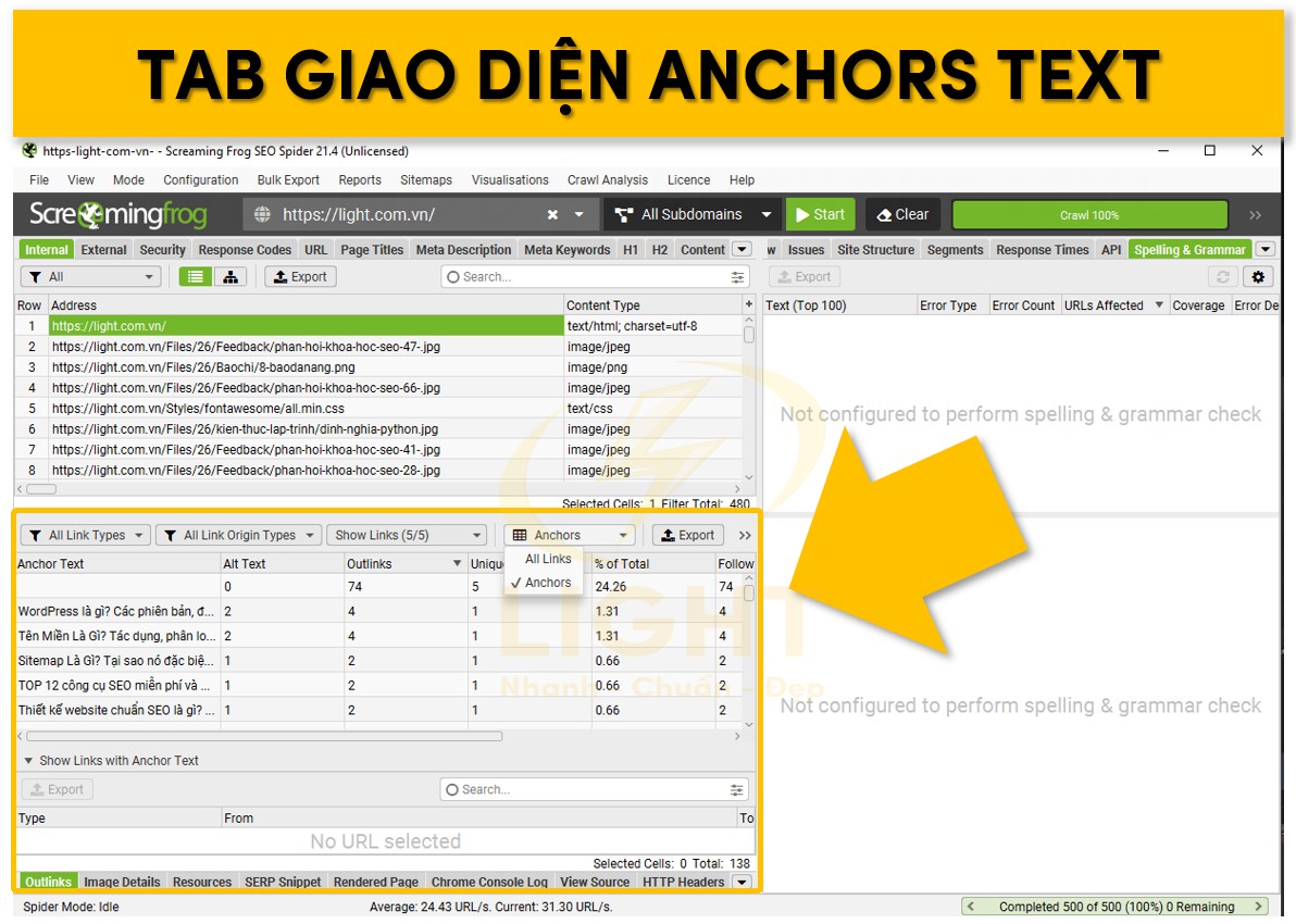 Khung giao diện phân tích Anchors Text của website trên Screaming Frog