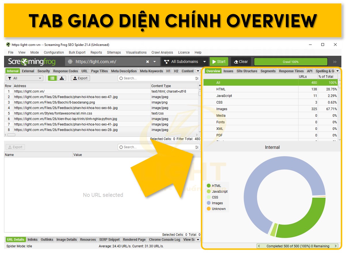 Khung giao diện Overview trên Screaming Frog