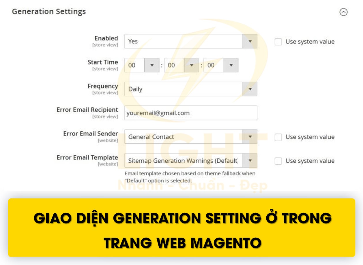 Giao diện Generation Setting ở trong trang web Magento