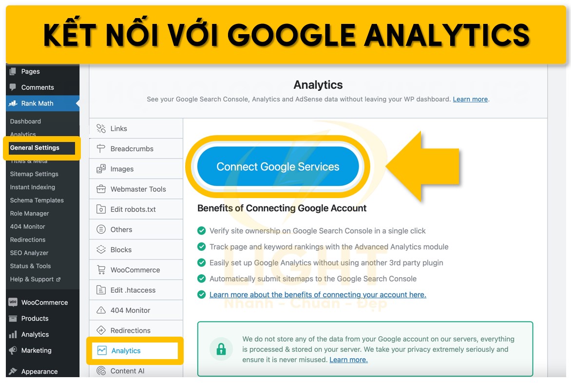 Truy cập vào Rank Math để kết nối với Google Analytics