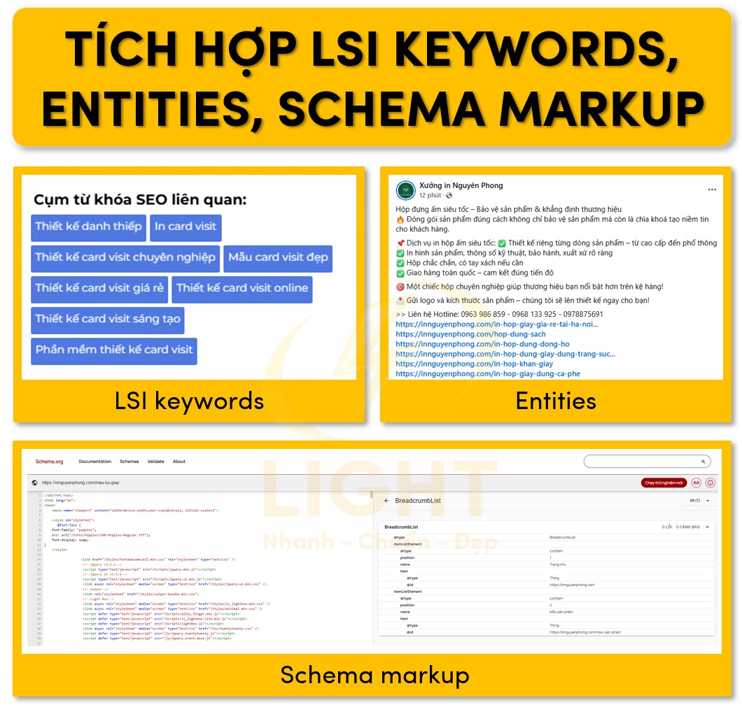 Bổ sung LSI keywords, entities, schema markup