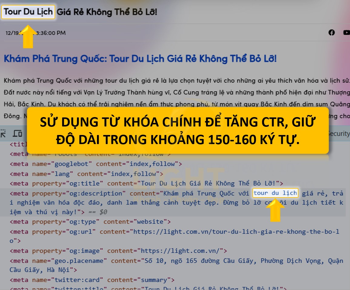 Sử dụng từ khóa chính để tăng CTR, giữ độ dài trong khoảng 150-160 ký tự.