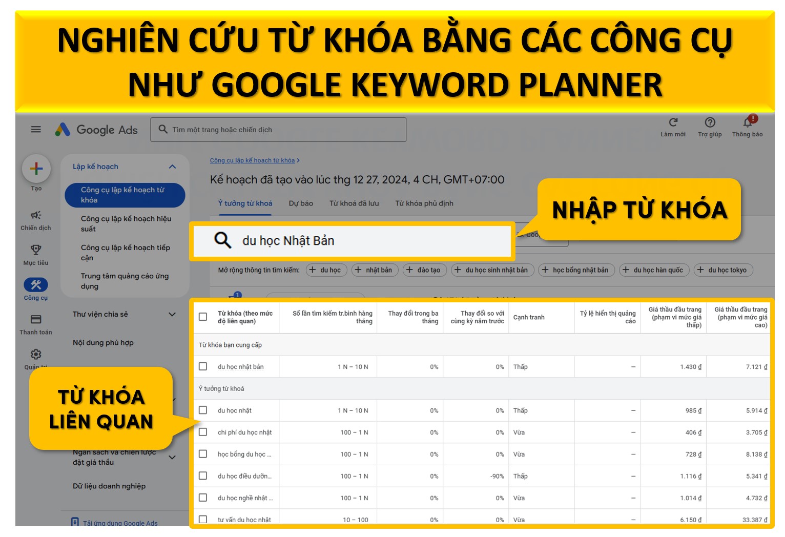 Nghiên cứu từ khóa bằng các công cụ như Google Keyword Planner