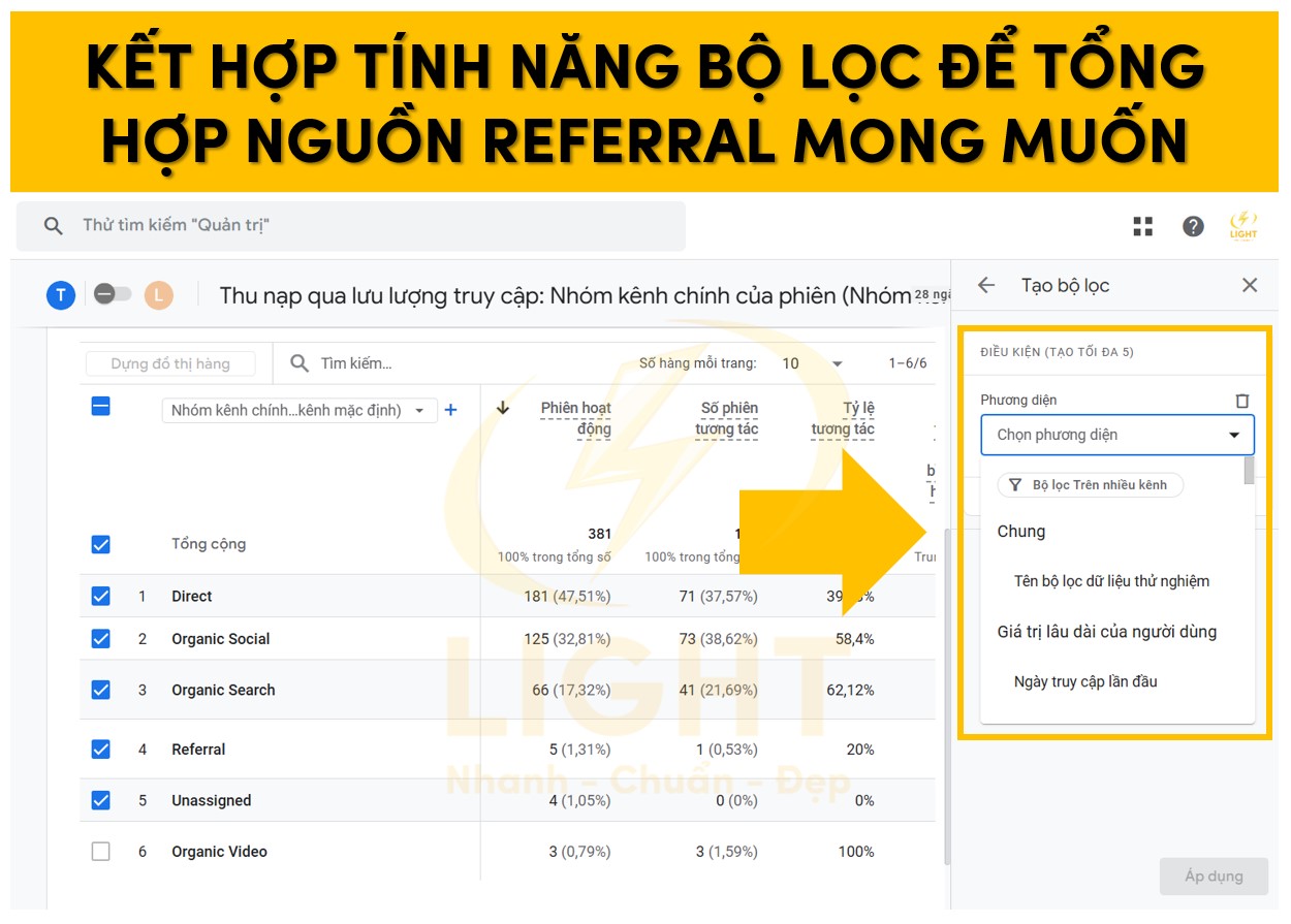 Kết hợp tính năng bộ lọc để tổng hợp nguồn Referral Traffic mong muốn