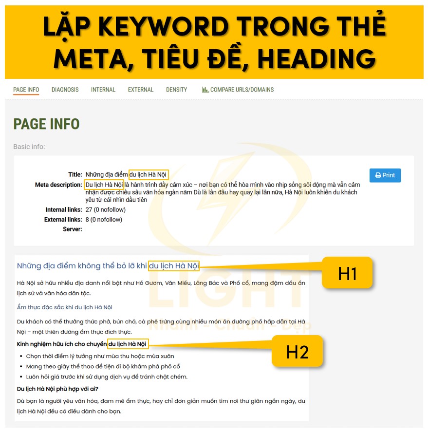 Lặp lại từ khóa nhiều lần trong thẻ meta, tiêu đề, heading