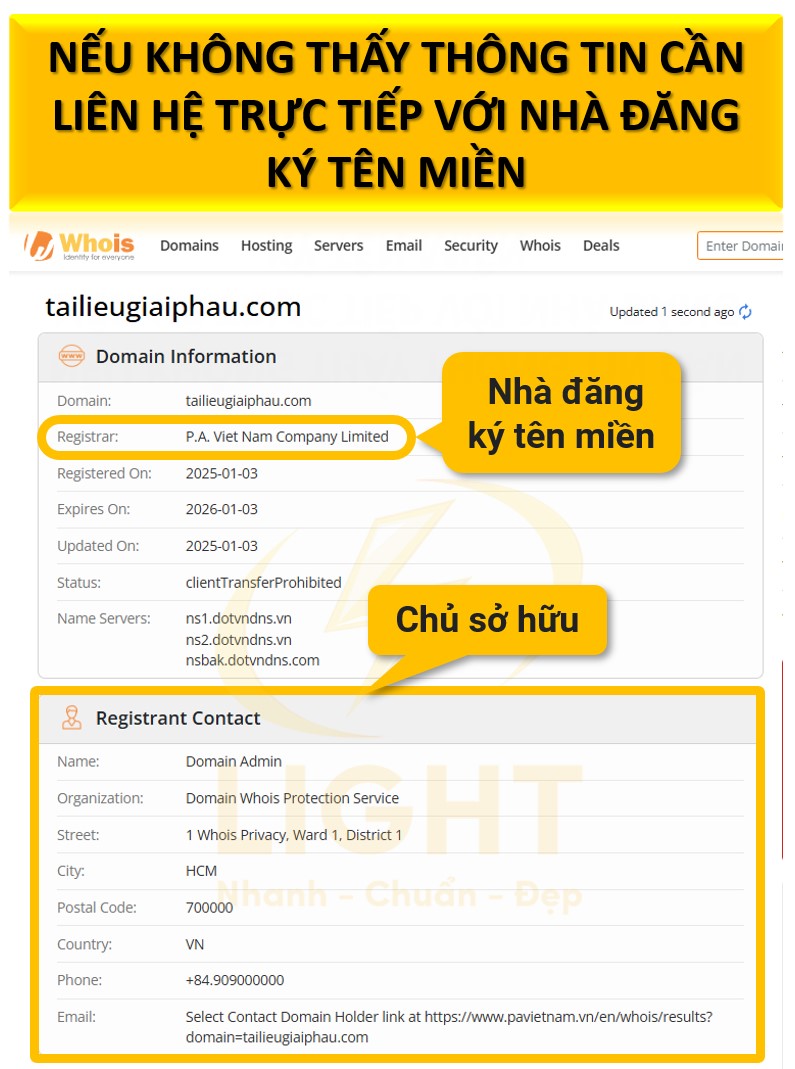 liên hệ trực tiếp với nhà đăng ký tên miền để xác thực thông tin