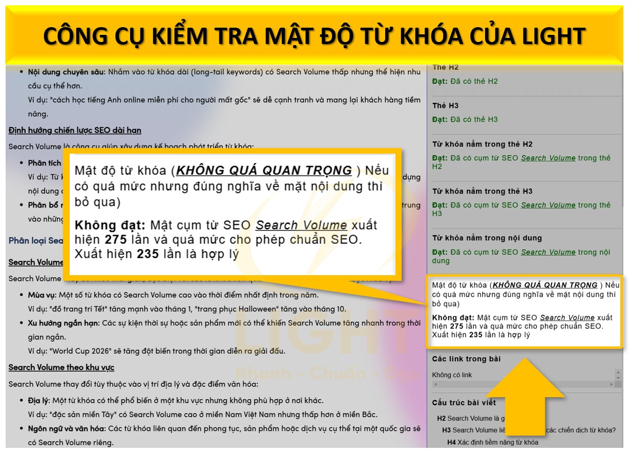 Light, một công cụ tiên phong trong thiết kế website và tối ưu SEO giúp kiểm tra mật độ từ khóa