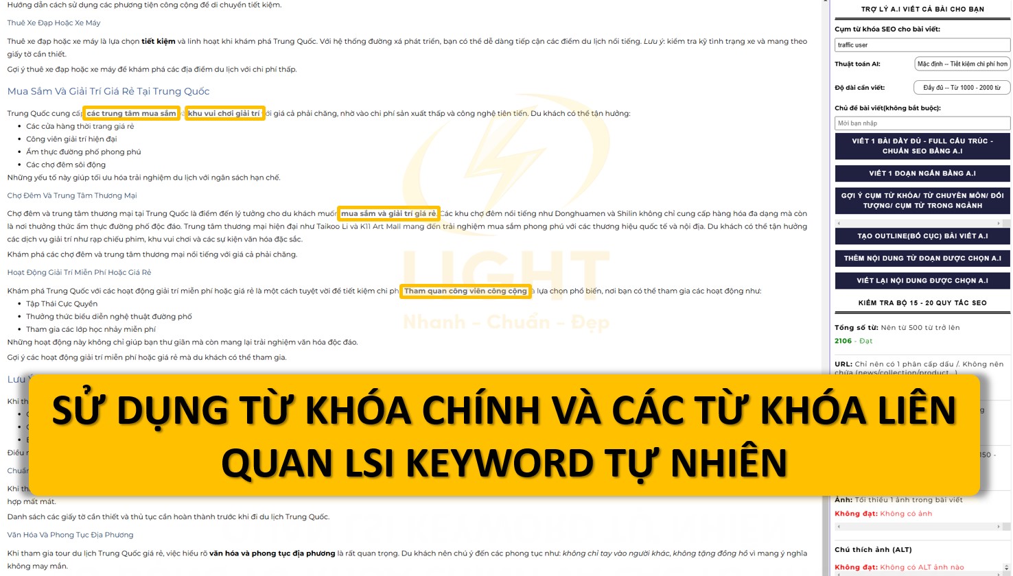 Sử dụng từ khóa chính và các từ khóa liên quan (LSI Keywords) tự nhiên