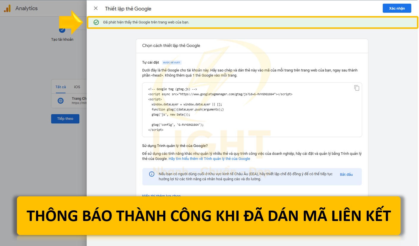 Thông báo liên kết analytics thành công