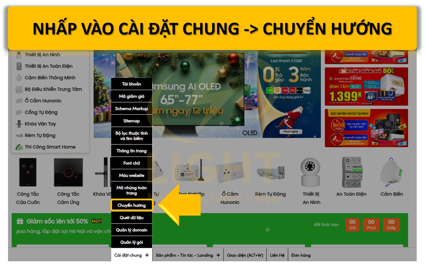 vào Cài đặt chung dưới thanh công cụ và lựa chọn Chuyển hướng