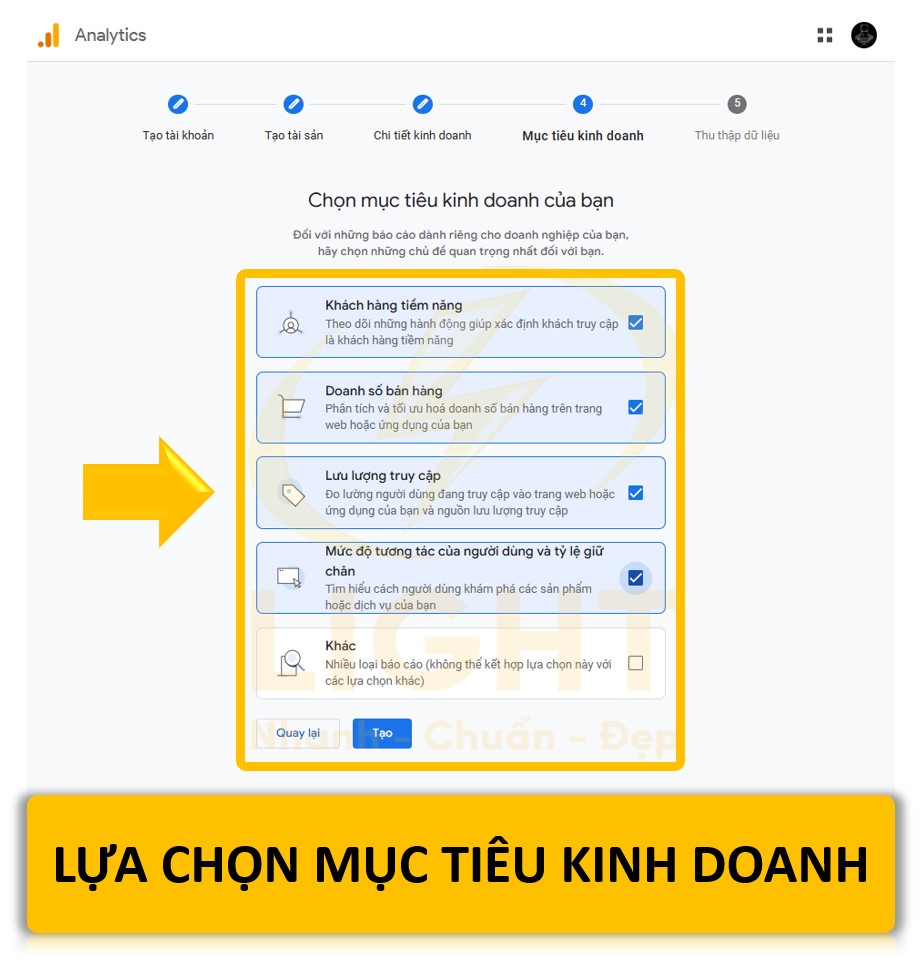 tích chọn vào các đề xuất trong phần Mục tiêu kinh doanh