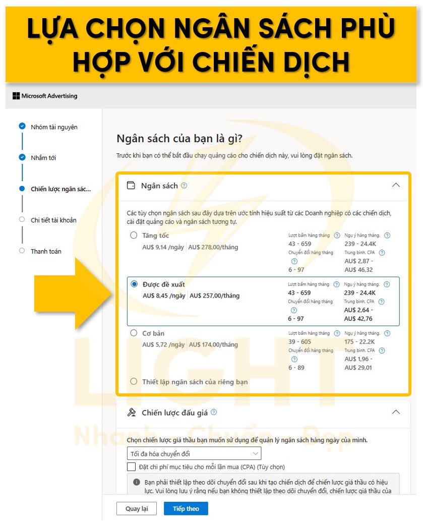 Lựa chọn ngân sách phù hợp với chiến dịch trên Bing Ads