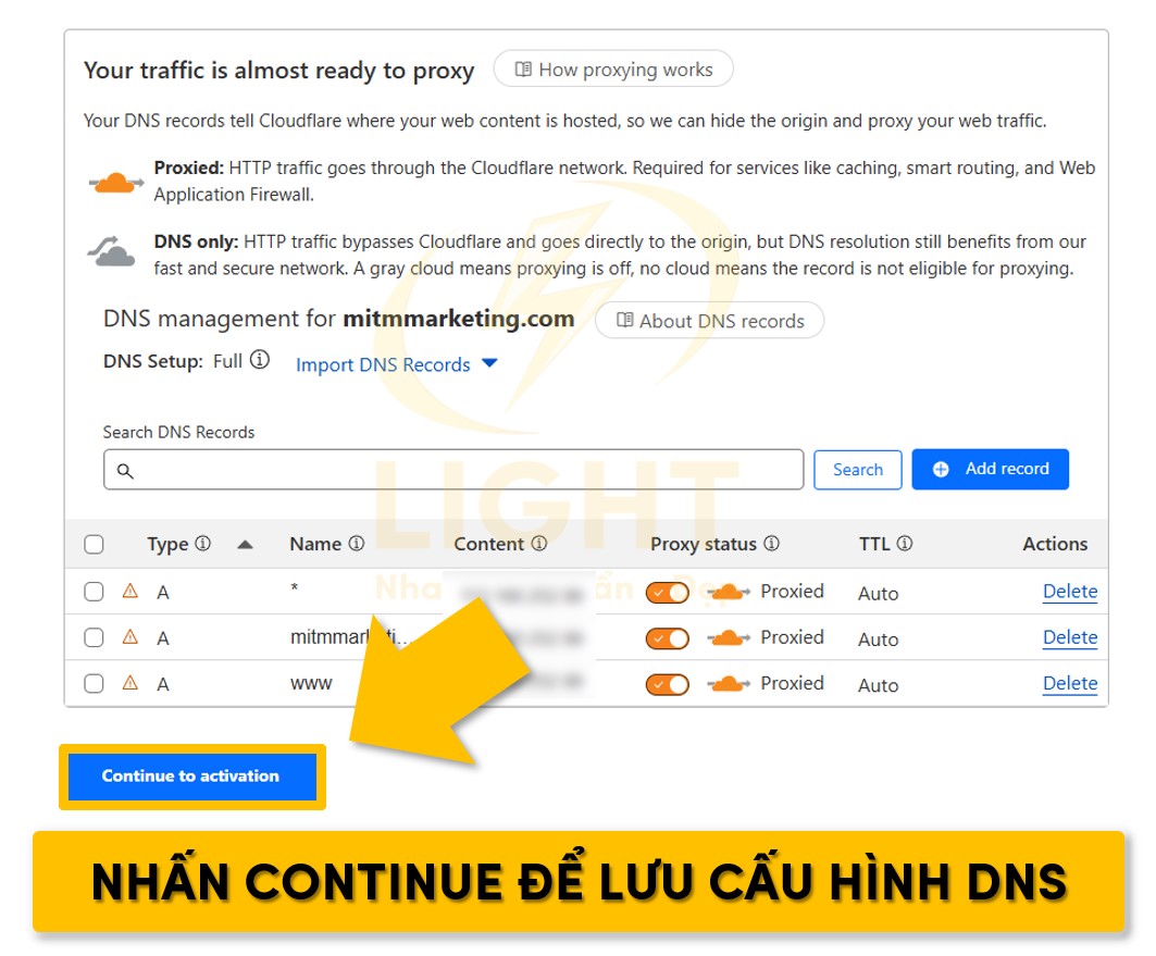 Bấm tiếp tục để lưu cấu hình DNS của tên miền