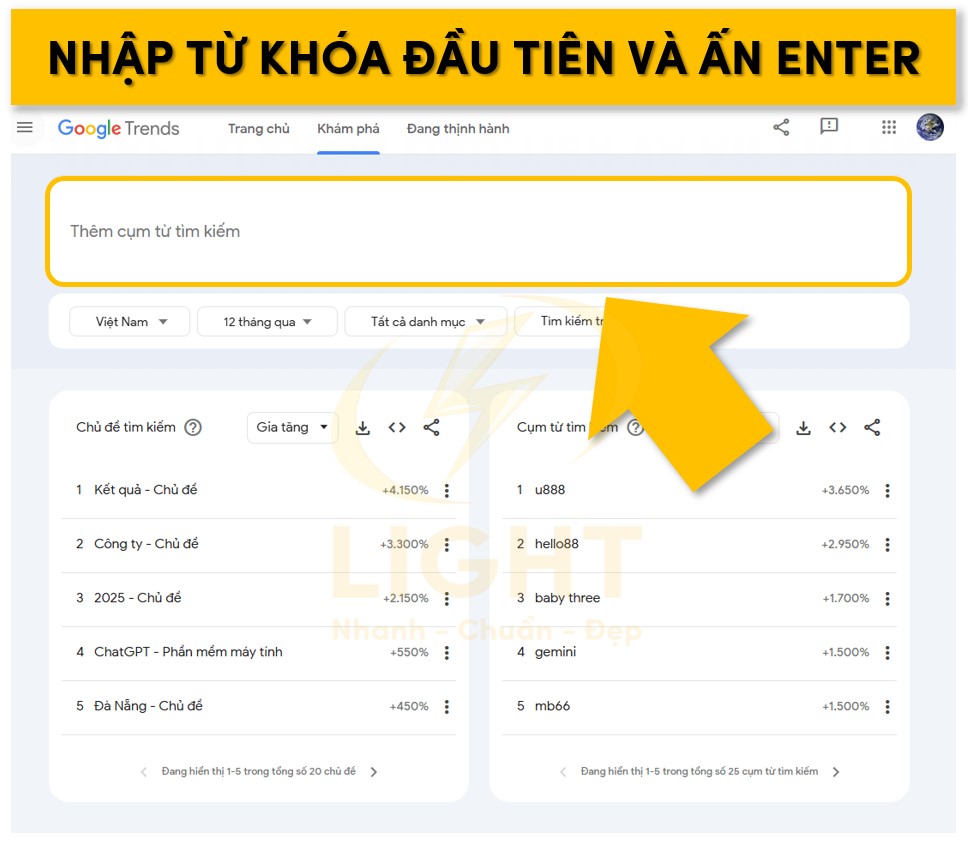 Điền từ khóa đầu tiên và ấn Enter ở bàn phím