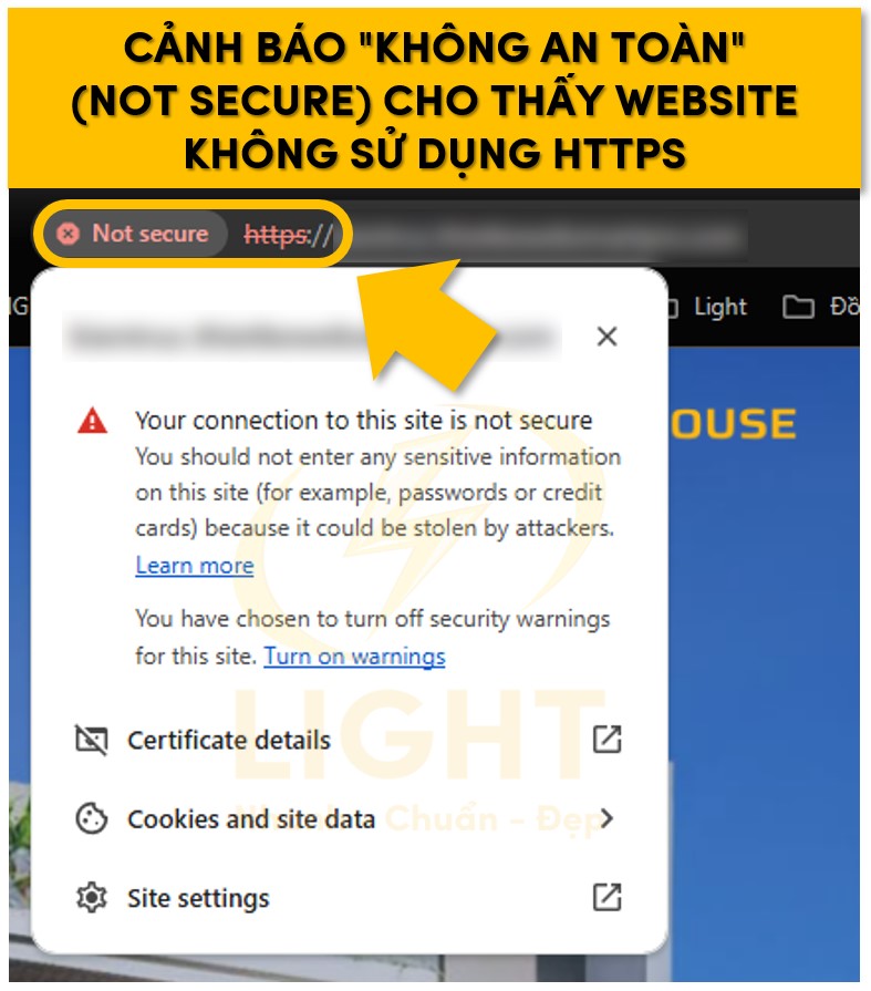 Cảnh báo "Không an toàn" (Not Secure) cho thấy website không sử dụng HTTPS