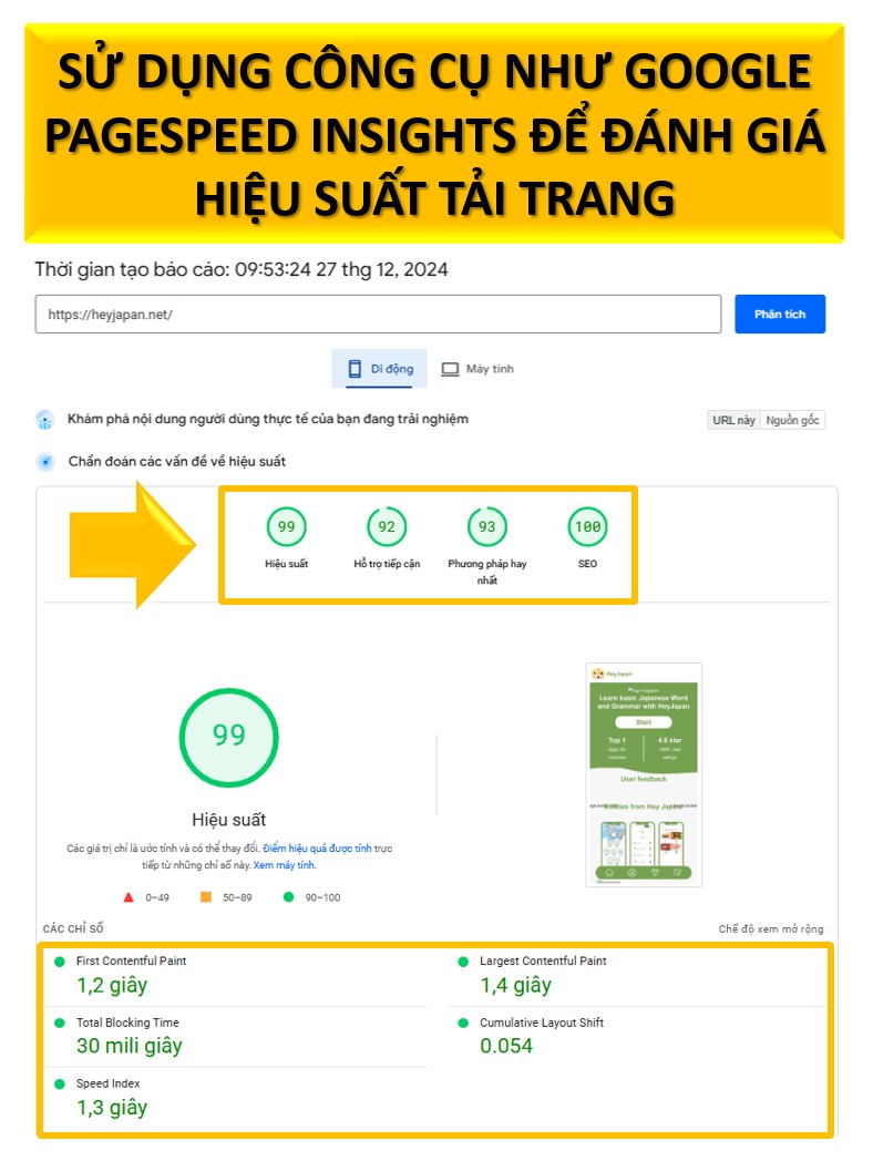 Sử dụng công cụ như Google PageSpeed Insights đánh giá hiệu suất trang