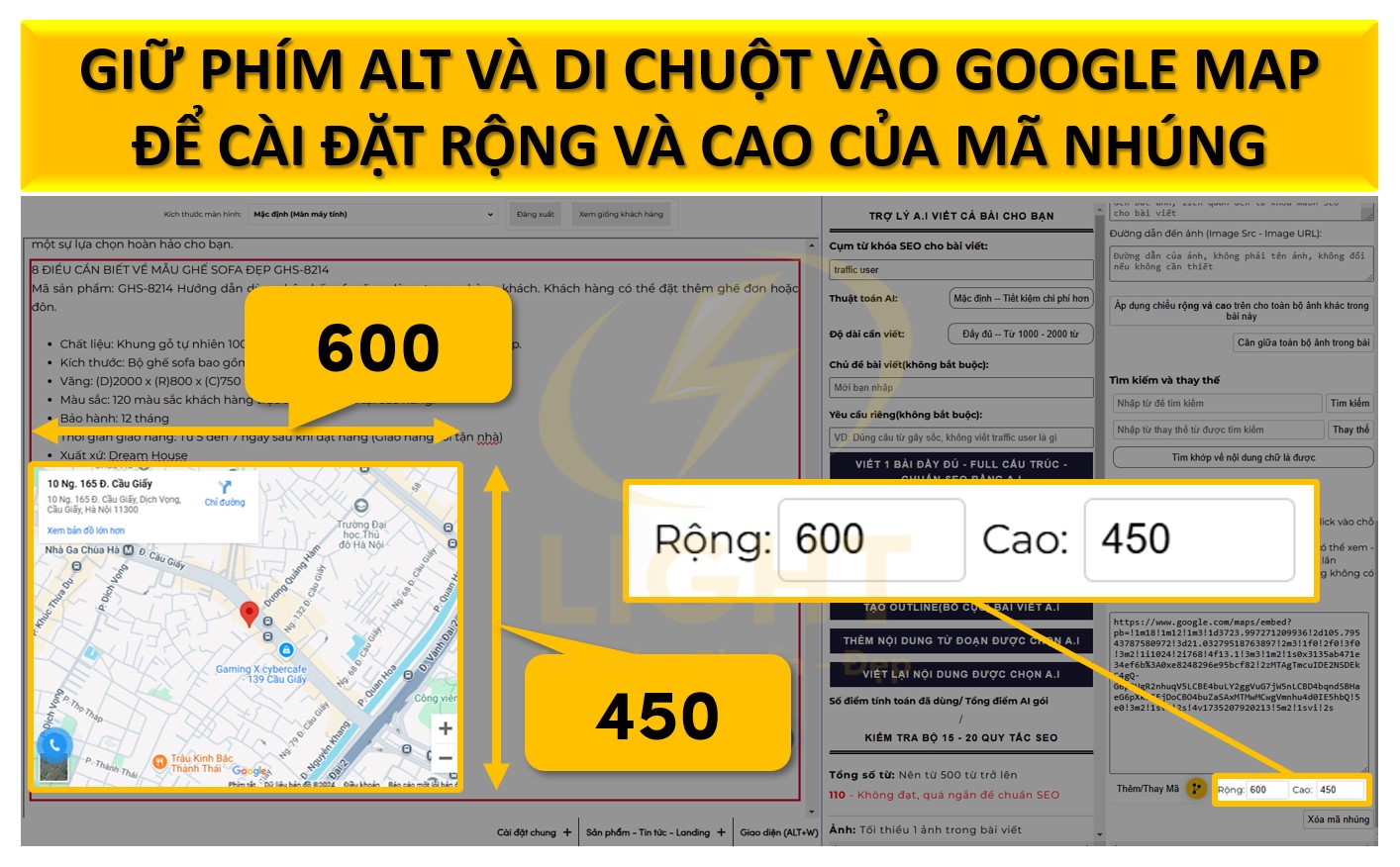 Chỉnh độ rộng và cao mã nhúng map của web light