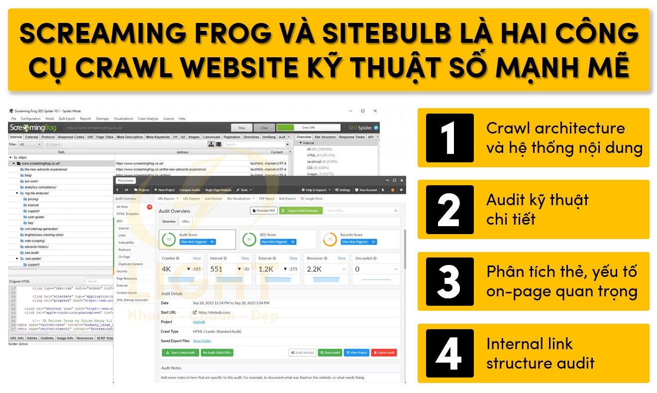Screaming Frog và Sitebulb là công cụ giúp thu thập nội dung trang mạnh mẽ
