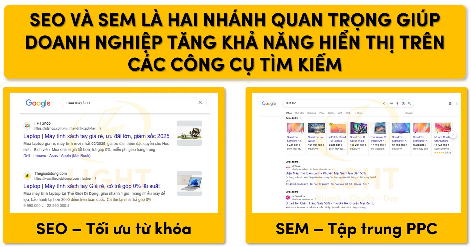 SEO (Search Engine Optimization) và SEM (Search Engine Marketing) là hai nhánh quan trọng giúp doanh nghiệp tăng khả năng hiển thị trên các công cụ tìm kiếm