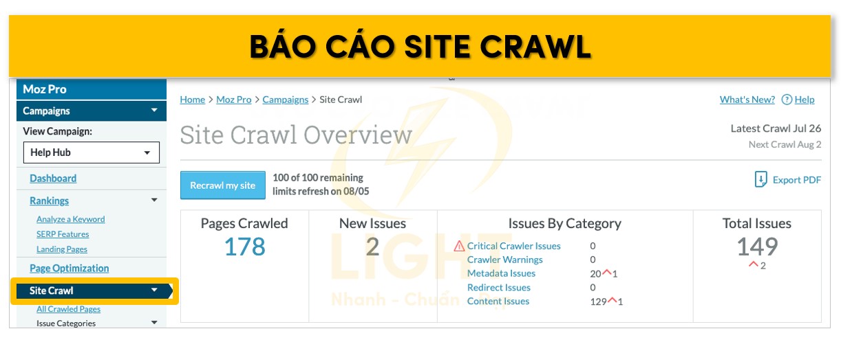 Thông tin báo cáo của trang sau khi dùng tính năng Site Crawl