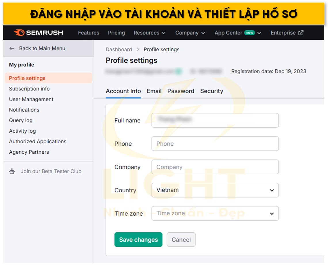 Tiến hành tạo hồ sơ và đăng nhập vào Semrush