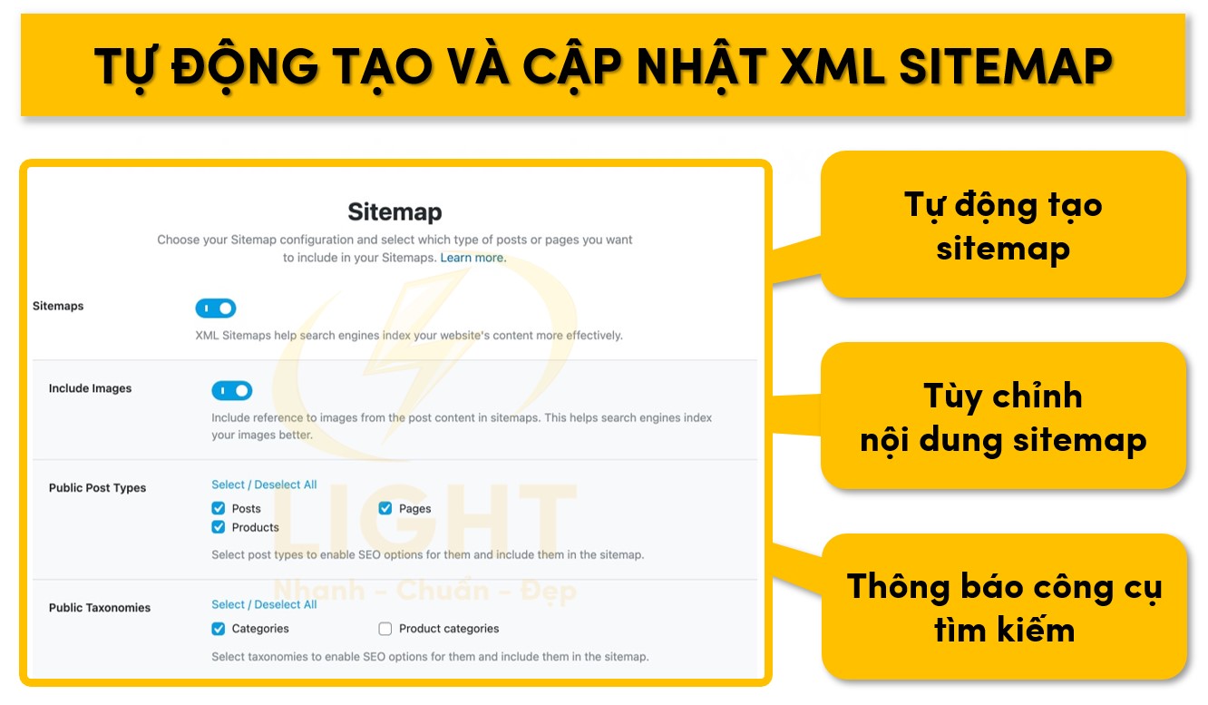 Rank Math cho phép bạn cấu hình và tạo Sitemap tự động