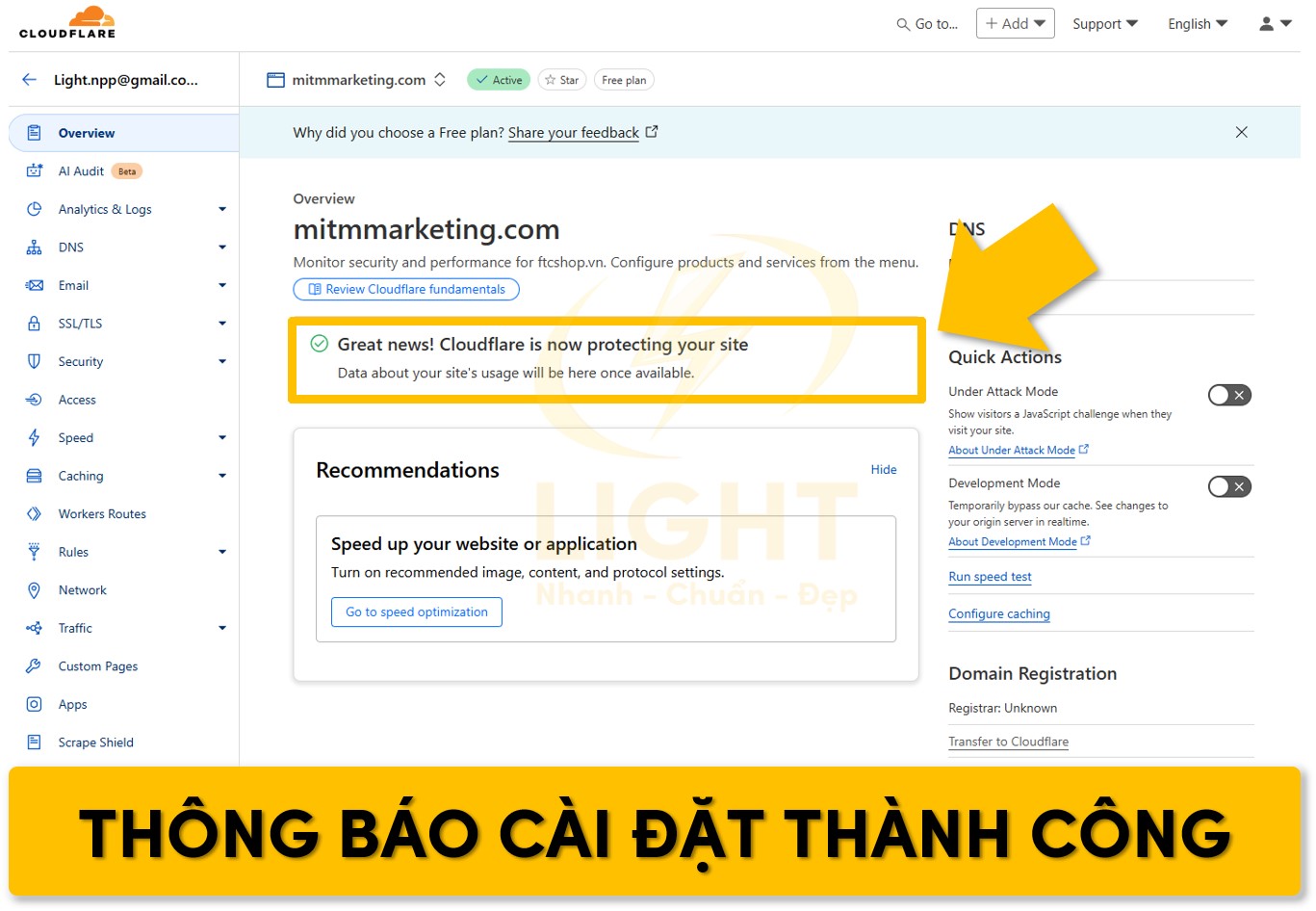 Thông báo active thành công tên miền liên kết với Cloudflare