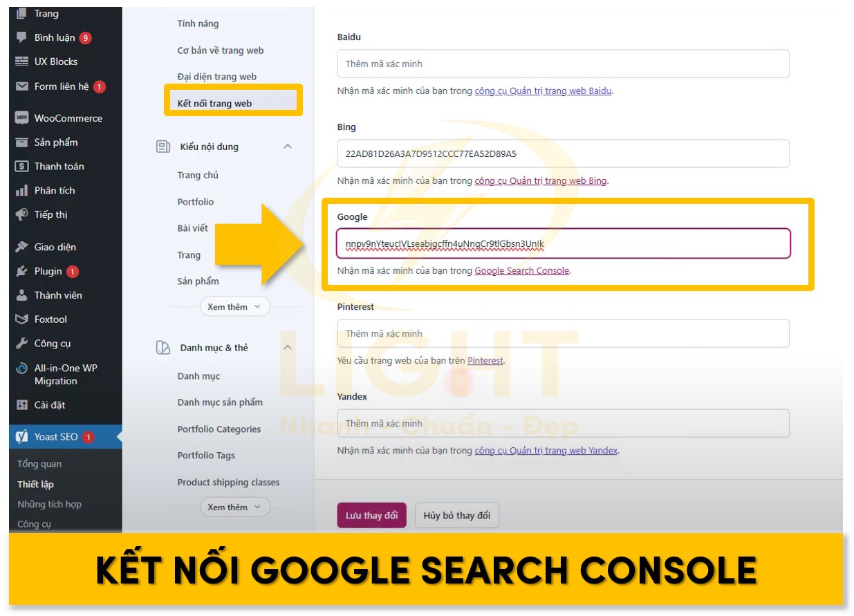 Dán mã xác thực để kết nối Google Search Console vào Yoast SEO