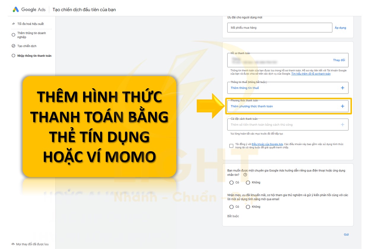 chọn phương thức thanh toán ở đây sử dụng là Thẻ tín dụng hoặc ví Momo