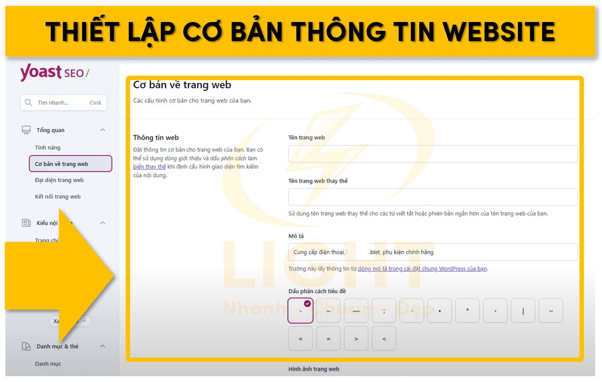 Điền một số thông tin chính của website