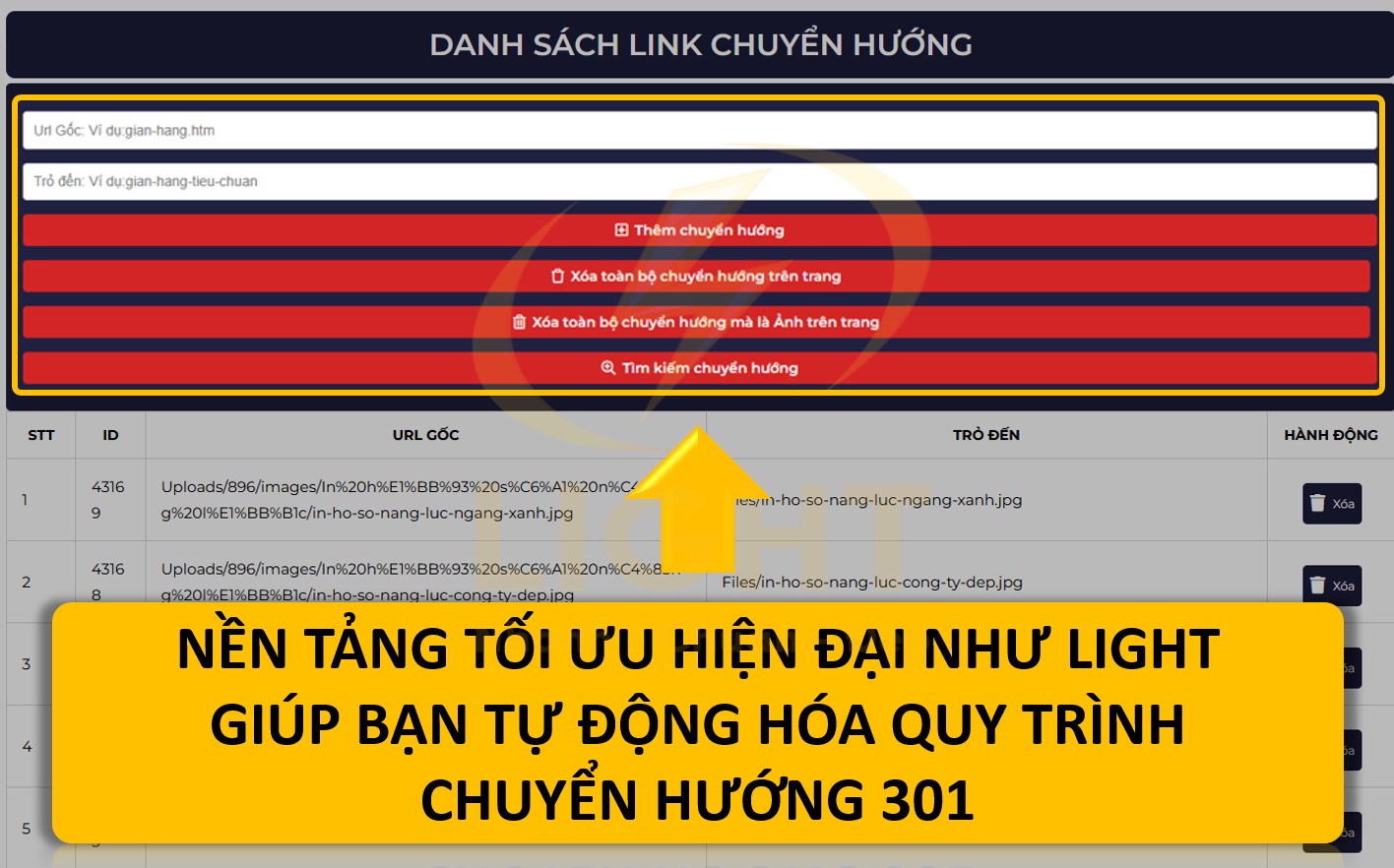 nền tảng tối ưu hiện đại như Light cho phép tự động hóa quy trình chuyển hướng 301