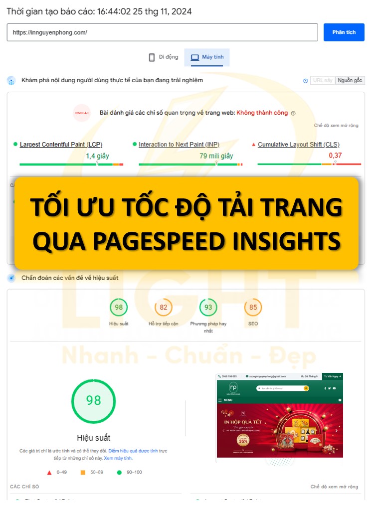 Hiệu suất website trên pagespeed insight