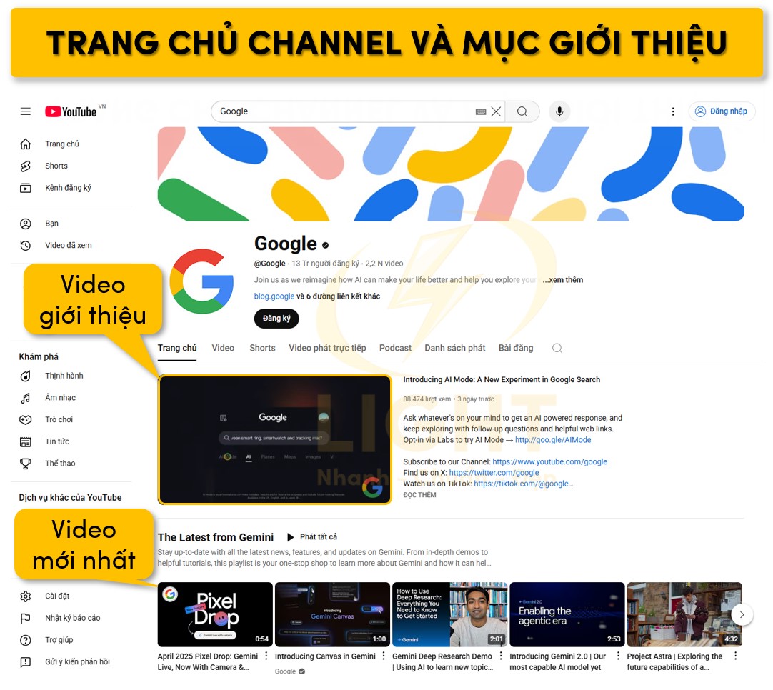 Trang chủ của kênh và mục giới thiệu