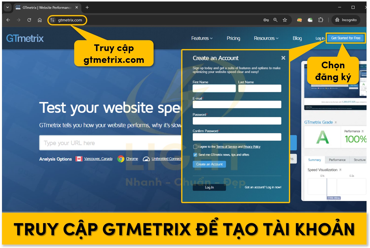 Truy cập trang web chính thức của GTMetrix