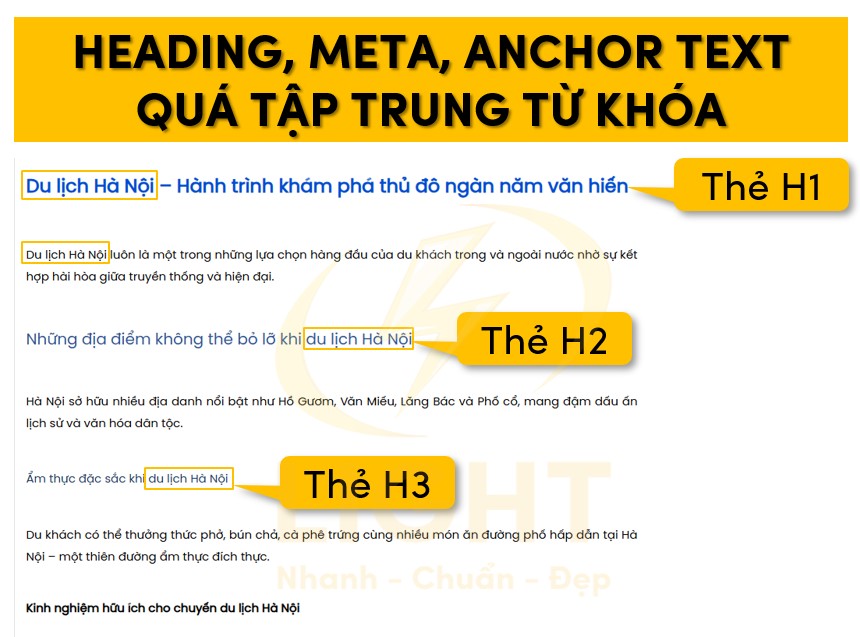 Heading, meta, anchor text quá hướng tới keyword