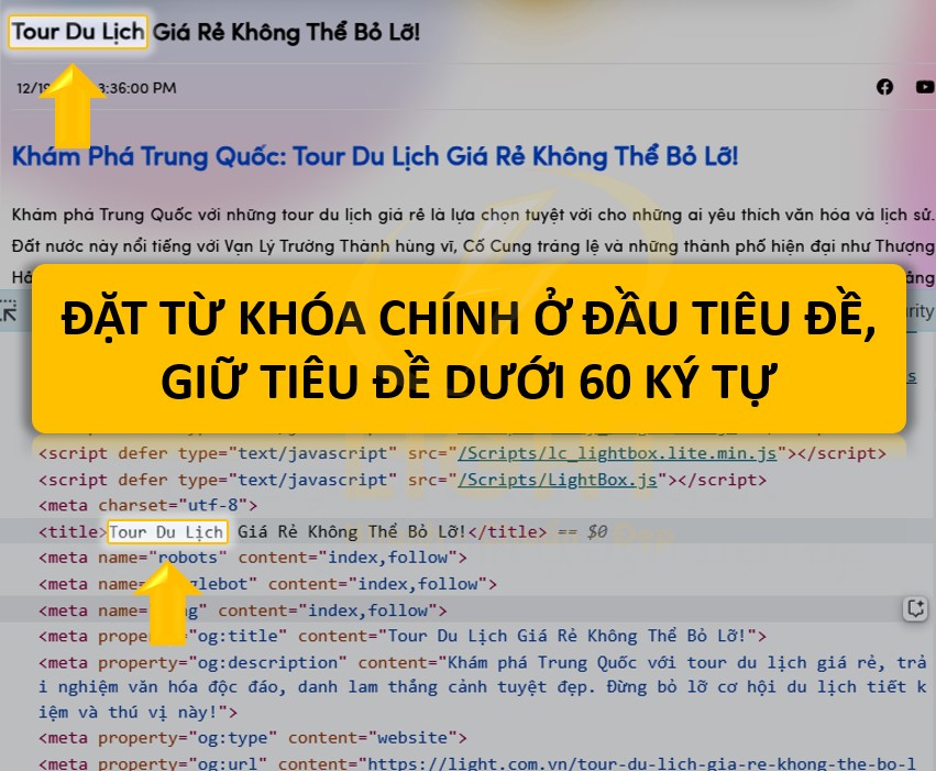 Đặt từ khóa chính ở đầu tiêu đề, giữ tiêu đề dưới 60 ký tự.