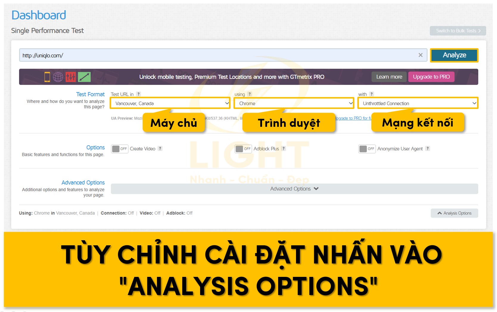 Tùy chỉnh cài đặt bằng cách nhấn vào "Analysis Options"