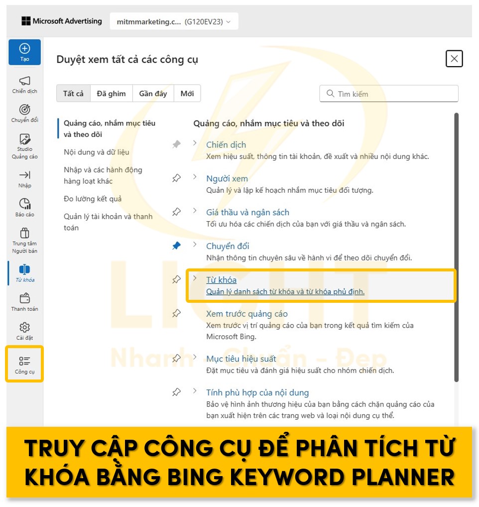 Truy cập công cụ để phân tích từ khoán bằng Bing Keyword Planner