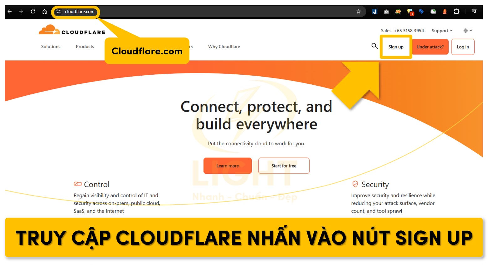 Vào trang Cloudflare.com và chọn vào nút đăng ký bên phải