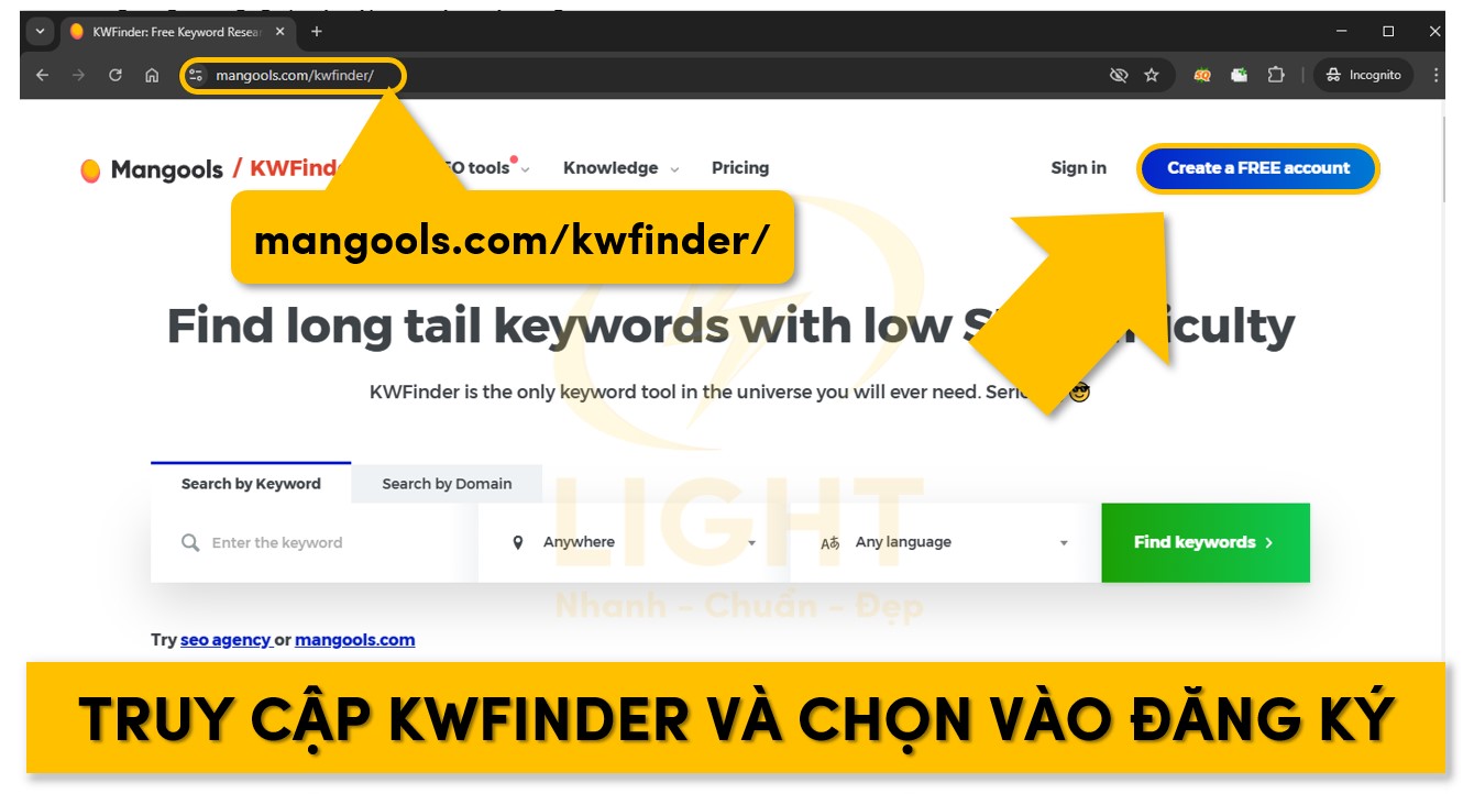 Vào trang KWFinder và tiến hành tạo tài khoản