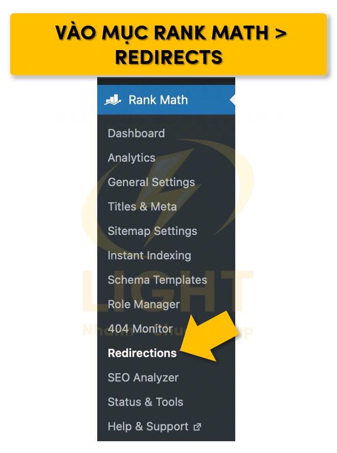 Truy cập vào mục Rank Math và chọn vào điều hướng Redirections