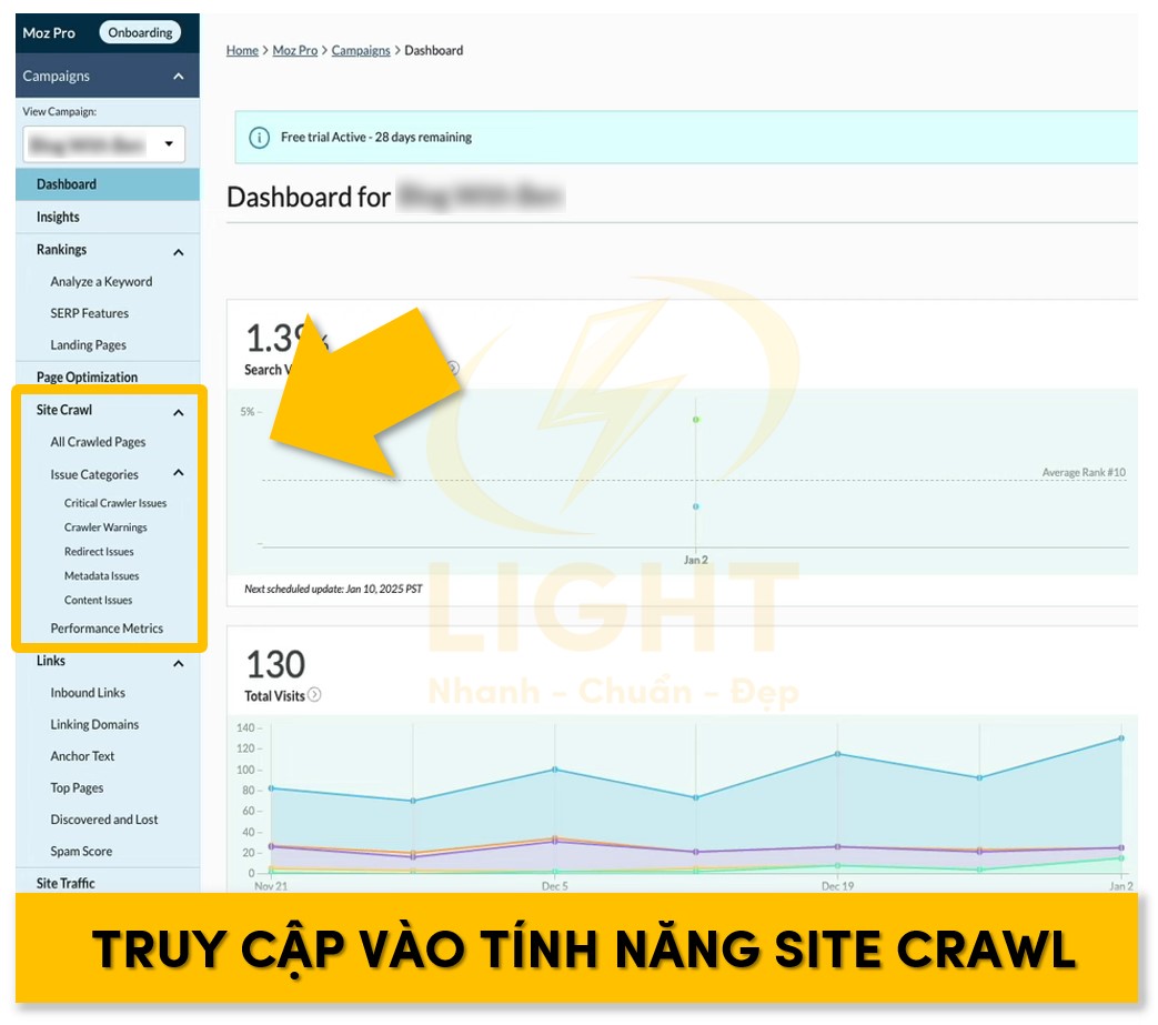 Trên thanh công cụ lựa chọn tính năng Site Crawl