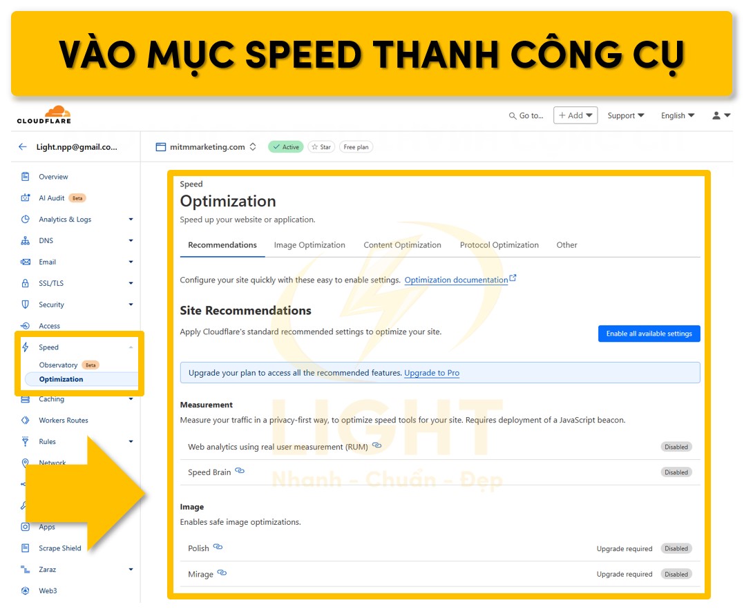 Nhấn vào Speed tại thanh công cụ bên trái của Cloudflare