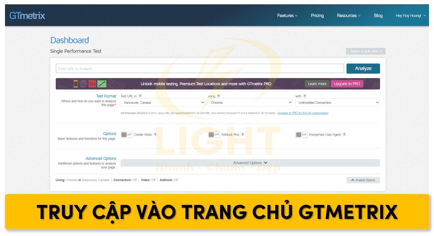 Truy cập vào trang chủ GTMetrix tại https://gtmetrix.com/.