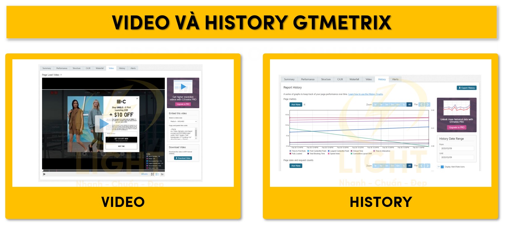 Tab Video và History trên Gtmetrix