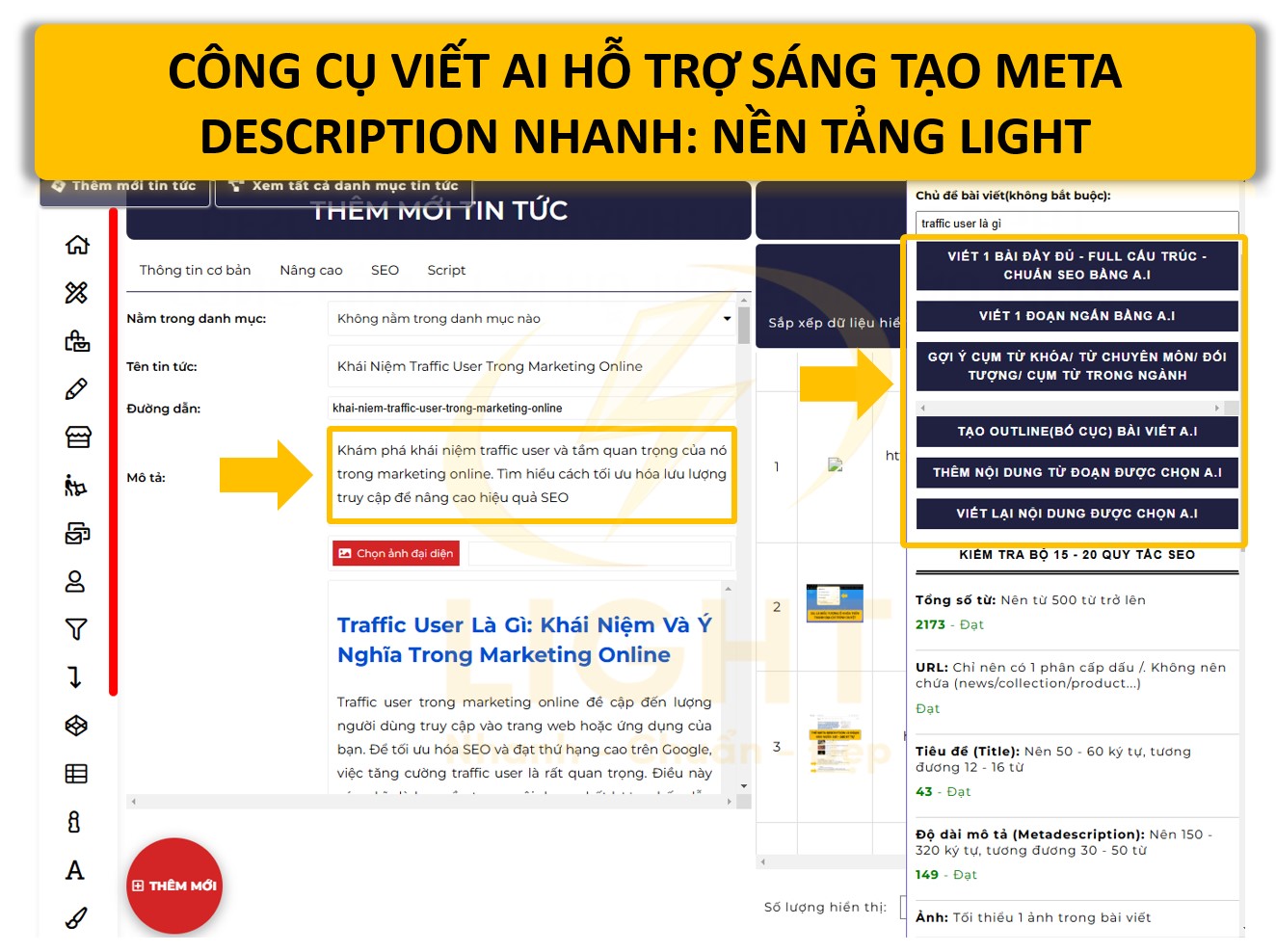 Công cụ viết AI hỗ trợ sáng tạo meta description nhanh: Nền tảng Light