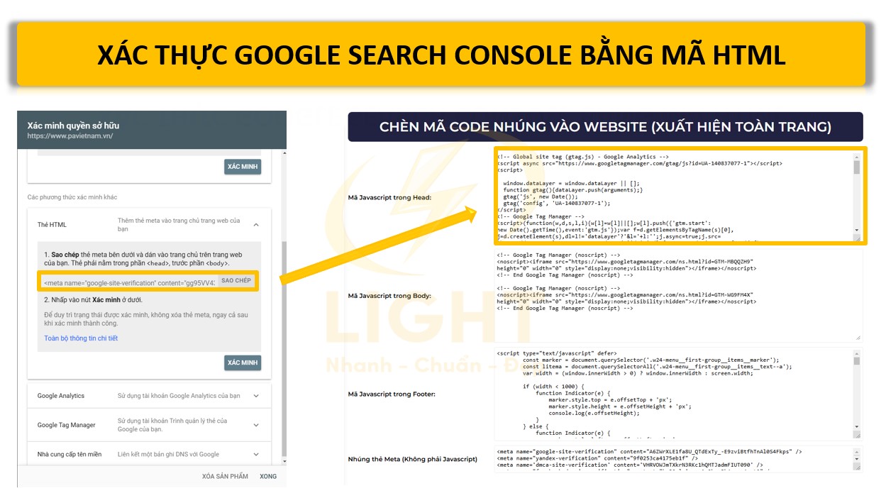 Sao chép đoạn mã HTML từ Google để xác thực GSC