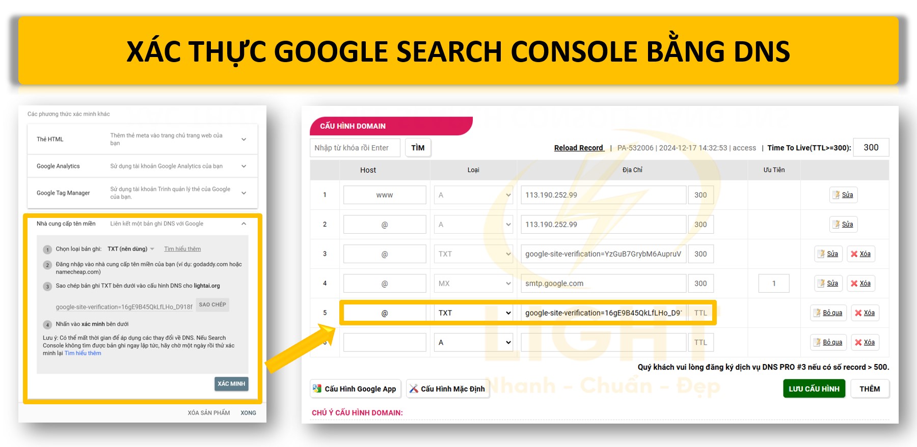 Xác thực google search console bằng DNS