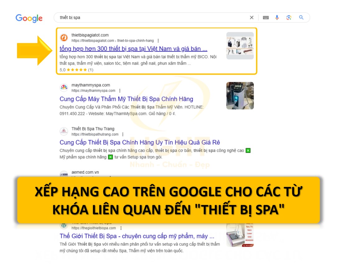 Xếp hạng cao trên Google cho các từ khóa liên quan đến "thiết bị spa" 